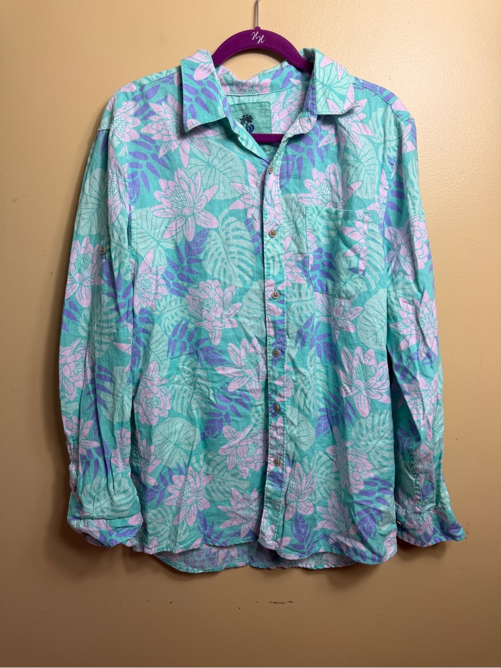 Ocean & Coast blue 100% Linen Tropical Floral Roll Tab Long Sleeve Shirt large